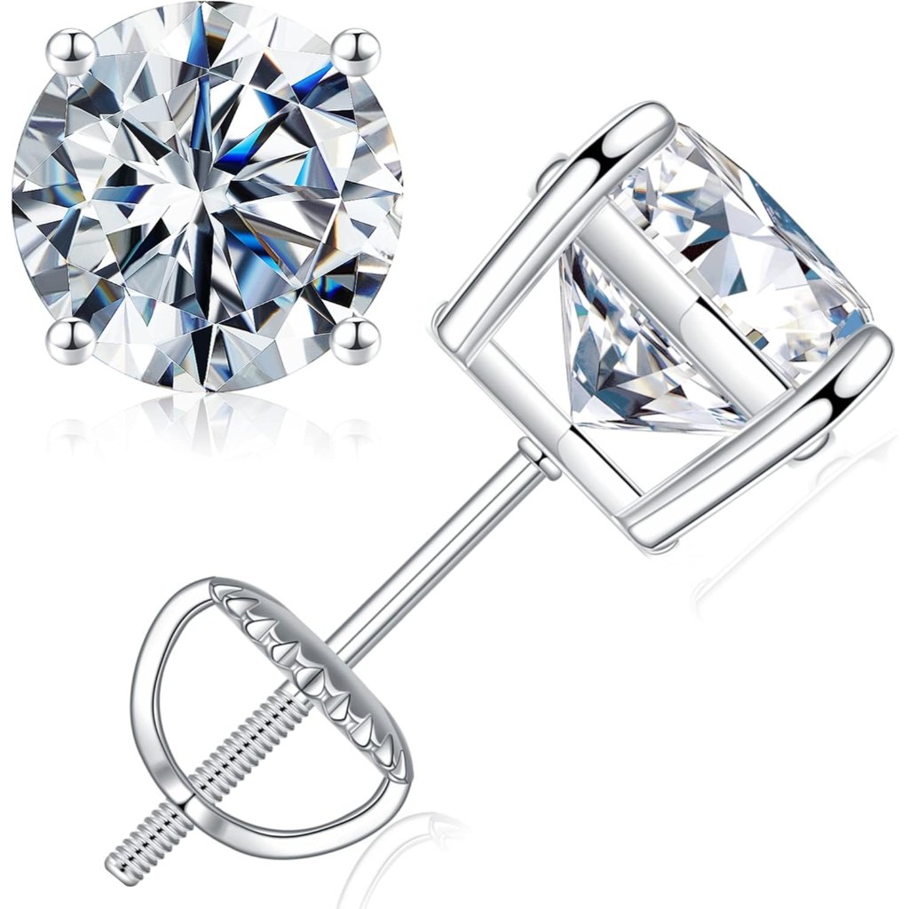 Women's Moissanite Screw Back Earrings Silver Round Moissanite